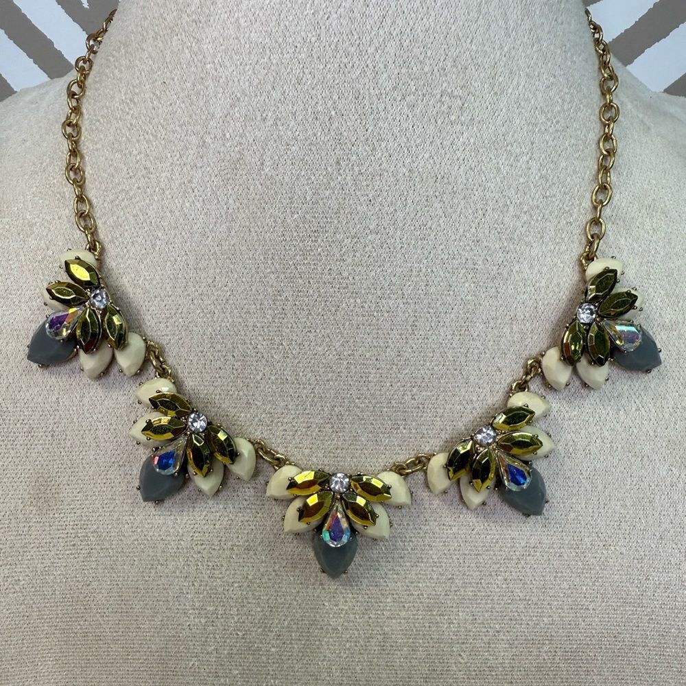 J Crew Gold Green Gray Cream Iridescent Statement Necklace